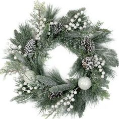 a christmas wreath with pine cones, berries and white balls on the front is displayed against a white background