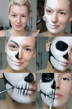 Tutorial | Simple Half Skull Glam Make-up Halloween Make-up Makeup Zombie, Skull Face Paint, Uhyggelig Halloween, Skeleton Makeup, Masks Diy, Games Diy