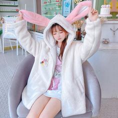 Cute Fashion Long Pink Rabbit Ears White Coat MM1639 - KawaiiMoriStore Rabbit Sweater, Kawaii Hoodies, Kawaii Sweater, Kawaii Wigs, Egirl Clothes, Kawaii Shirts, Kawaii Dress, Pastel Fashion, Pink Rabbit