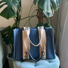 Beautiful/Great Condition It Has Been Used As U Can See The Corners Have Faded Since Its Denim. Straps Are Clean. Come With The Insert Chloe Woody Tote, Chloe Bags, Chloe Bag, U Can, Medium Bags, Womens Tote Bags, Chloe, Color Blue, Tote Bag