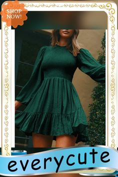 Dark Green Ruffle Detail Smocked Long Sleeve Dress Solid Smocked Long Sleeve Dress, Solid Long Sleeve Smocked Dress, Long Sleeve Solid Color Smocked Dress, Fitted Tiered Smocked Dress For Fall, Long Sleeve Smocked Dress With Smocked Cuffs, Solid Color Long Sleeve Smocked Dress With Smocked Cuffs, Green Casual Smocked Dress For Fall, Long Sleeve Smocked Dress With Ruched Detail, Solid Dress With Ruffles And Lantern Sleeves