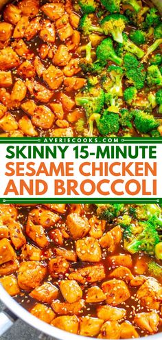 chicken and broccoli cooking in a pan with the title skinnyy 15 - minute sesame chicken and broccoli