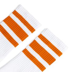 White athletic socks with three orange stripes for men, women and kids. Cozy White Cotton Socks, Retro White Socks For Winter, White Cotton Retro Socks, Retro White Cotton Socks, Casual Orange Socks For Winter, Casual Orange Winter Socks, Comfort Hug, Modern Tech, Sock Game