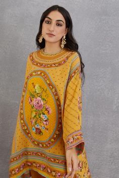 Shop for Torani Yellow Linen Sunehra Zooni Kaftan And Pant Set for Women Online at Aza Fashions Yellow Palazzo Set With Printed Motifs In Traditional Drape, Traditional Yellow Palazzo Set With Printed Motifs, Yellow Palazzo Set With Printed Motifs And Traditional Drape, Yellow Palazzo Set With Printed Motifs For Navratri, Navratri Yellow Palazzo Set With Printed Motifs, Designer Yellow Palazzo Set With Printed Motifs, Designer Yellow Kurta With Printed Motifs, Designer Wear Yellow Kurta With Printed Motifs, Bohemian Yellow Palazzo Set With Printed Motifs