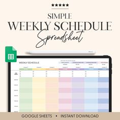 the simple weekly schedule spreadsheet is displayed on a computer screen with text overlay