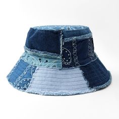 a blue jean bucket hat with patchwork on the front and sides, all in different colors