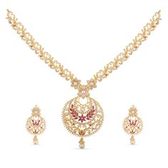 PRICES MAY VARY. MATERIAL: Tiah jewelry set is made out of Brass with high quality Gold-Plating. This Floral theme piece is studded with opulent white red cubic zirconia stones and induced pearls. FEATURE: This traditional jewelry set includes 1 pair dangle earrings and 1 short necklace, length (Necklace- 18 cm, Earrings- 4.5 cm) and weight (Necklace- 41.5 gm, Earrings- 15 gm). The necklaces comes with Fishhook closure and has adjustable length. GIFTING: This necklace set arrives in unique and s South Indian Necklace, Traditional Indian Jewellery, Engagement Ceremony, Indian Necklace, Bangles Indian, Indian Jewelry Sets, Length Necklace, Floral Theme, Gifts For Your Girlfriend