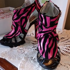 Totally Radical Dude Hot Pink & Black Zebra Print Stiletto Heels Size 7 Last Pair In This Color! Very Comfy 5" Heels Zipper In Back Buckle On Side Thanks! Pink Synthetic Heels, Bold Pink Platform Heels, High Heel Zebra Print Party Heels, Black High Heels With Zebra Print, Chic Zebra Print High Heels, Fitted Pink Heels With Wrapped Heel, Spring Zebra Print High Heels, Bold Pink Heels, Spring Zebra Print Heels