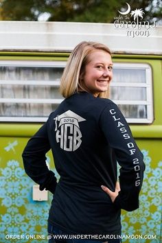 Sleeve Graduation Monogram T-Shirt | underthecarolinamoon.com Senior Class Shirts, Grad Shirts, Cricut Monogram, Tshirts Design, Monogram Ideas, Monogram Outfit, Class Shirt, Senior Shirts, Monogram T Shirts