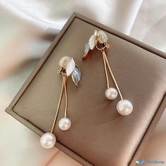 OrcaJump - Exquisite Leaf Earrings - Crafted from High-Quality Alloy - Adorned with Pearls - Incorporating both Clip-on and Stud Variants White Metal Clip-on Pearl Earrings, Clip-on White Pearl Earrings, White Clip-on Metal Pearl Earrings, Earring Crafts, Leaf Earrings, Blue And White, High Quality, Blue, White