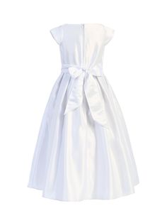 Lovely communion dress from Sweet Kids will soon become her favorite. Sweet white pleated ankle length satin dress with short sleeve, bejeweled waistline and side pockets. Features satin belt that bow ties at the back and zip closure. Polyester. Dry clean only. ****PLEASE ALLOW AN ADDITIONAL 5 BUSINESS DAY PROCESSING TIME PRIOR TO SHIPMENT FOR THIS ITEM**** Long Satin Skirt, Baby 12 Months, Girls Communion Dresses, Satin Flower Girl Dress, First Communion Dress, Satin Dress Long, White Flower Girl Dresses, Dress Pleated, Christening Dress