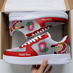 Ohio State Buckeyes Personalized Af1 Shoes Bg05 Af1 Shoes, Air Force Shoes, Personalized Shoes, Mascot Logo, Ohio State Buckeyes, Unique Christmas Gifts, Black Laces, Ohio State, Dinosaur Print