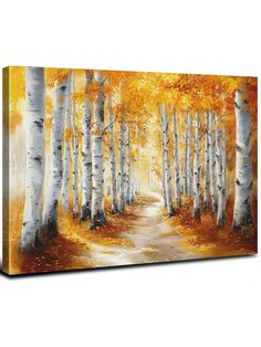 an oil painting on canvas of a path in the woods with trees and yellow leaves