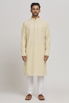 Beige cotton kurta with thread embroidery. Comes with churidar. - Aza Fashions Cotton Churidar With Cutdana For Puja, Cotton Churidar With Chikankari Embroidery For Puja, Cotton Silk Sherwani With Chikankari Embroidery For Puja, Cotton Churidar With Self Design For Puja, Puja Churidar With Chikankari Embroidery In Straight Kurta Style, Puja Churidar With Chikankari Embroidery And Straight Kurta, Transitional Cotton Kurta With Self Design, Unstitched Churidar With Chikankari Embroidery For Puja, Eid Churidar With Chikankari Embroidery For Puja