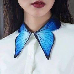 Blue Butterfly Wings, Wing Collar, Blue Butterflies, Painted Clothes, Blue Butterfly, Character Outfits, Art Clothes, Collar And Cuff, Fashion Details