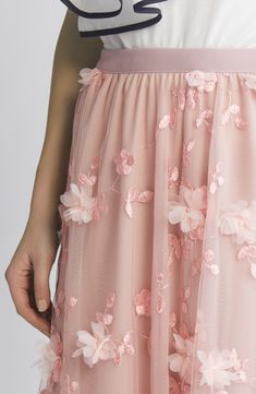 This endlessly enchanting maxi skirt is crafted from luscious chiffon and accented with wispy tulle blooms. Lined 90% polyester, 10% spandex Dry clean Made in the USA Elegant Flowy Tulle Maxi Dress, Spring Maxi Dress In Organza With Sheer Bodice, Floral Embellished Maxi Dress For Spring Prom, Pink Tulle Maxi Skirt For Spring, Spring Prom Tiered Maxi Skirt, Feminine Floor-length Dress With Flowy Skirt, Feminine Flowy Floor-length Dress, Organza Maxi Dress With Tulle Skirt For Wedding, Spring Floor-length Tulle Skirt