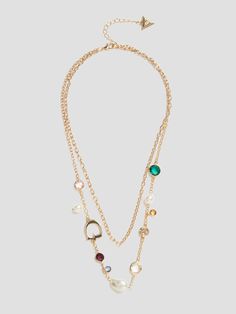 Gold-tone layered chain necklace Faux-pearl, various stones and G logo charms 16-18" length with 2" extender Lobster clasp Layered Chain Necklace, Layered Chain, G Logo, Gold Necklace Layered, Women Accessories Jewelry, Layered Necklace, Multi Stone, Layered Necklaces, Lobster Clasp