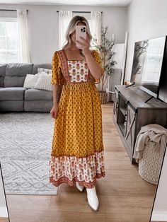 Model is 5'1", 34D, 6/28 and is wearing a size medium. Item runs true to size. Golden Poppy Maxi Dress features a golden yellow, brown boho pattern, square neckline lined with dainty lace, flowy short sleeves, smocked back, hidden side zipper, true maxi length. More details:100% polyester. hand wash or wash on cold and hang to dry. Flowy Yellow Boho Print Dress, Yellow Flowy Dress With Boho Print, Flowy Yellow Dress With Boho Print, Fall Bohemian Maxi Dress With Short Sleeves, Fall Bohemian Short Sleeve Maxi Dress, Bohemian Short Sleeve Maxi Dress For Fall, Flowy Square Neck Maxi Dress For Fall, Brown Bohemian Square Neck Dress, Brown Bohemian Dress With Square Neck