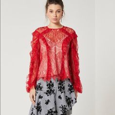 Delicately Feminine, The Rose Blouse By Elliatt Is Cut From A Gorgeous Chantilly Lace Fabrication In A Striking Hue. Style With The Bottom Of Your Choice Or Layer Under A Slip Dress For An Effortlessly On-Trend Ensemble M-B.061 L-B.062 Party Lace Tops With Floral Print, Elegant Lace Blouse With Floral Print, Red Ruffled Tops For Evening, Red Lace Blouse For Spring, Red Lace Top For Spring, Elegant Red Top With Lace Trim, Elegant Red Tops With Lace Trim, Elegant Red Lace Trim Top, Elegant Red Lace Top