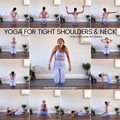 a woman doing yoga poses in front of a white wall with the words yoga for tight shoulders and neck