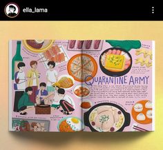 an open children's book with pictures of people and food on it, in front of a yellow background