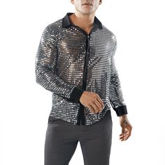 Shirts Type: Casual Shirts Material: Nylon Material: Spandex Material: Acrylic Sleeve Length(cm): Full Collar: Turn-down Collar Style: Casual Fabric Type: Broadcloth Model Number: Sexy Sequin Transparent Shirt Sleeve Style: REGULAR Closure Type: Single Breasted Gender: Men Item Type: Shirts Pattern Type: Black See Through Shirt Type: Nightclub Shiny Gold Shirt Gold Dress Shirt, 70s Disco Party, Prom Costume, Shirt Packaging, Disco Shirt, 70s Disco, Sequin Shirt, Shirts Long Sleeve, Club Tops