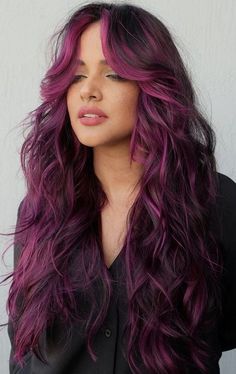 Plum Hair With Pink Highlights, Funky Dark Hair Color, Vivid Hair With Bangs, Purple Balayage With Money Piece, Vivid Color Highlights, Purple Pink Balayage, Brown Hair With Fun Colors, Barbiecore Hair, Colored Streaks In Hair