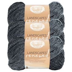 three skeins of yarn in grey and black colors with the words landscapes on them