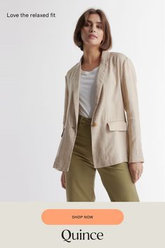 Who doesn't want to throw on the effortless look of linen to top off their outfit? The single-breasted European Linen Blazer is here to do just that. Relaxed fit, functional pockets, breathable, and lightweight. We love her for work, vacation, and weekends—versatile is an understatement.  | Quince | Women's 100% European Linen Blazer in Driftwood, Size Small Casual Summer Blazer For Everyday, Casual Single Button Linen Blazer, Casual Single Button Linen Outerwear, Casual Linen Single Button Blazer, Linen Blazer For Work, Casual Summer Blazer With Relaxed Fit, Solid Linen Blazer For Work, Casual Summer Blazer In Relaxed Fit, Linen Blazer For Workwear