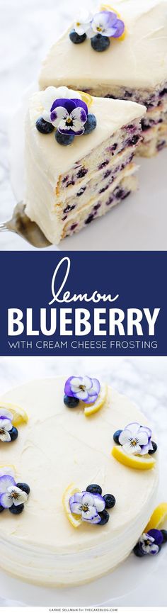 blueberry cheesecake with cream cheese frosting on a white plate and the words lemon blueberry