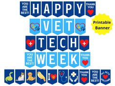 the happy vet tech week banner is shown in blue and red with hearts, cats, dogs