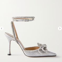 Worn Once On Wedding Day Mach & Mach Is One Of The Buzziest Brands On Instagram Right Now - Its Cult Following Includes Bella Hadid And Dua Lipa, Who Stepped Out In These 'Double Bow' Pumps Recently. They're Crafted From Silver Glittered Leather And Traced With Crystal-Embellished Piping That's Arranged Into A Bow At The Top. Wear Them With Ultra Mini Hemlines. Glitter Pumps, Bow Pumps, Double Bow, Dua Lipa, Bella Hadid, Silver Glitter, Piping, Shoes Women Heels, Shoes Heels