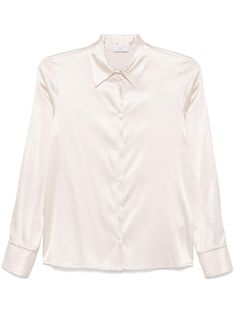 ivory white silk blend satin finish Punto Luce-chain detail front button fastening pointed flat collar long sleeves buttoned cuffs straight hem Classic White Satin Blouse, Elegant Silk Blouse With Fold Down Collar, Elegant White Blouse With Concealed Placket, Cream Satin Long Sleeve Blouse, Elegant Cream Satin Blouse, Elegant Cream Blouse With Button Cuffs, Elegant Cream Blouse With Button Closure, Chain Shirt, Pointed Flat Collar