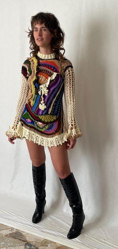 Mini dress or pullover, handmade with freeform crochet technique, impossible to replicate, unique piece. Size s/m Long Sweater Crochet, Street Style Crochet, Crochet Fashion Show, Striped Crochet Dress, Crochet Costumes Women, Knit High Fashion, Freeform Crochet Sweater, Fall Crochet Fashion, Unique Crochet Clothes