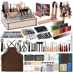 an assortment of crafting supplies and tools displayed on a white background with clippings