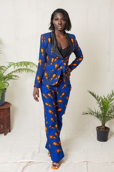 This 2 piece is perfect for all outings. Wear to dates, work, movies, parties and much more. It's so versatile that it will easily suit any occasion. Handmade with 100% African wax cotton 2 side pockets As always all our designs are fully handmade and custom made for you, so you are welcome to request any customisation, including length customisations to petite or tall, adding or removing anything of your choice from the design and even choosing a different fabric.  You are also welcome to send us your measurements if you have them or if you have someone to measure you accurately. Otherwise, just choose your size from our size chart, our sizes are accurate. Please leave a note of your height while ordering so we can use the best length for you.  Also, please feel free to message us for any Printed Notch Lapel Blazer For Work, Printed Long Sleeve Suits For Formal Occasions, Formal Printed Long Sleeve Suits, Formal Long Sleeve Printed Suit, Fitted Long Sleeve Printed Suits, Fitted Two-piece Workwear Sets, Tailored Two-piece Long Sleeve Set, Tailored Long Sleeve Two-piece Set, Blue Printed Party Set