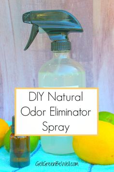 a bottle of diy natural odor eliminator spray next to lemons and limes