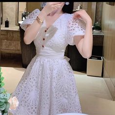 Elegant Boho A-Line Short Puff Sleeve Sexy Dresses Women Runway Mini Dress 2021 Vintage Summer Party Solid White Lace Embroidery M: Bust 92cm, Waist 72cm,Length:88cm,Hip:104cm,Shoulder:35cm Runway Mini Dress, Tuck Dress, Pink Sleeveless Dress, Bodycon Cocktail Dress, Tory Burch Dress, Short Puff Sleeve, Korean Fashion Dress, Floral Embroidered Dress, Strapless Mini Dress