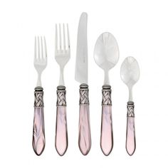 four forks, two spoons and one knife on a white background with pink accents