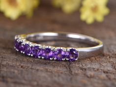 Amethyst Wedding Band,14K white gold wedding ring,8 stones,women bridal promise ring,anniversary gifts Solid 14k white/ rose/yellow gold Band Width approx 3.2mm 3mm Round Cut VS Natural purple Amethyst, Approx weight 1.2ctw Half eternity Amethyst band Prong,Bezel Set,Art Deco Return and refund: We provide 30days return and exchange service. (Custom order is made by Unique demand, will be non-returnable and non-refundable). As every item in my shop is handmade to order, if you unsatisfied with it Formal White Gold Stackable Rings With Gemstones, White Gold Ruby Ring With Half Eternity For Promise, White Gold Ruby Half Eternity Promise Ring, Classic Purple Diamond Wedding Ring, Round Cut Half Eternity Birthstone Ring As Gift, Elegant White Gold Amethyst Promise Ring, Classic Purple Sapphire Ring For Wedding, Classic Amethyst Birthstone Ring For Anniversary, Classic Purple Sapphire Wedding Ring