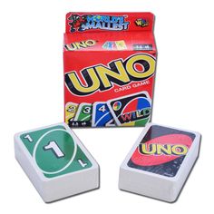 uno card game in its original packaging with the box open and two matching cards on each side