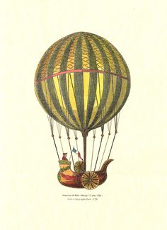 an illustration of a hot air balloon with teapots and birds on the bottom