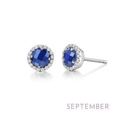 Introducing the September Birthstone Sapphire Earrings by Lafonn: These elegant stud earrings showcase round lab-grown sapphires, each encircled by a halo of shimmering simulated diamonds. The image features the word SEPTEMBER in purple text at the bottom right corner. Emerald Diamond Earrings, Sapphire Birthstone, Halo Stud Earrings, Birthstone Earrings, Halo Earrings Studs, Custom Pendants, Birthstone Earring, Emerald Earrings, September Birthstone