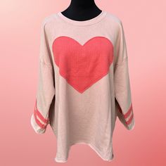 This Is A Darling 100% Cotton Knit Pullover By Easel Clothing Of Los Angeles. The Pullover Features A Terry Knit Fabric With Waffle Knit Stripes On The Wide 3/4 Length Sleeves As Well As The Large Front Heart Patch And The Mini Back Heart Patch. The Official Color Name For This Pullover Is Blush. Available Sizes Are Small, Medium, And Large. The Fit Of This Top Is Considered Relaxed And Loose. Product Details: Condition: New With Tags Color: Blush (Official Name) Material: 100% Cotton Terry Knit Oversized Long Sleeve Top With Heart Graphic, Pink Knit Long Sleeve Sweatshirt, Pink Long Sleeve Knit Sweatshirt, Oversized Heart Print Sweater For Fall, Pink Knit Sweatshirt, Pink Soft Knit Long Sleeve Top, Pink Long Sleeve Soft Knit Top, Pink Casual Sweatshirt With Heart Graphic, Casual Pink Sweatshirt With Heart Graphic