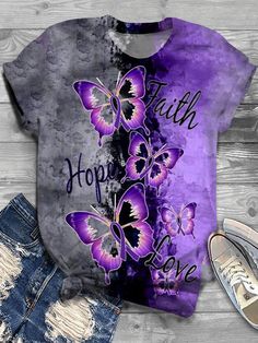 Purple Short Sleeve Top With All Over Print, Casual Purple Tops With All Over Print, Casual Purple Top With All Over Print, Purple Sublimation Print Top For Summer, Purple Tops With Sublimation Print For Summer, Purple Printed Crew Neck T-shirt, Women's Conference, Womens Conference, Butterfly Quotes