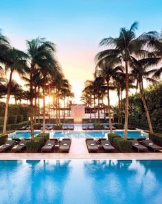 an outdoor swimming pool with lounge chairs and palm trees in the foreground at sunset