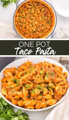 one pot taco pasta in a white bowl with parsley on top and the other side