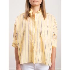 Like New Blouse From Isabel Marant Toile Msrp $395 Size 38 / Medium Color: Light Yellow/Blue/White Silk Blend Ruffled Mock Neck Front Button Down Closure Button Cuffs Unlined 54% Cotton, 24% Viscose, 18% Silk Dry Clean Only Made In Bulgaria Flat-Lay Measurements: Shoulders 24” Bust 29” Hem 29” Length 22.5” Front; 24.5” Back Sleeve 20” Cuff 4” Yellow Cotton Blouse For Work, Yellow Blouse For Spring Daywear, Yellow Blouse For Daywear In Spring, Yellow Spring Shirt For Work, Yellow Spring Shirt For Workwear, Yellow Relaxed Fit Shirt For Spring, Yellow Shirt For Spring Workwear, Casual Yellow Shirt For Daywear, Yellow Relaxed Fit Blouse For Daywear