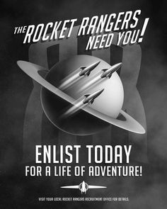 the rocket rangers need you poster with two rockets flying in front of them and text reading,