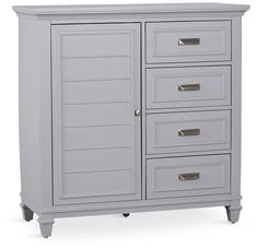 a gray cabinet with drawers and handles on the bottom drawer is shown in front of a white background